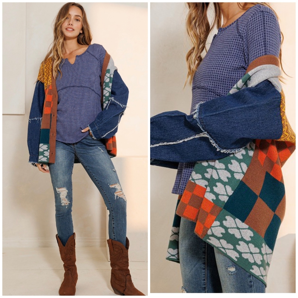 Ces Femme Mixed Knit Denim Oversized Cardigan - Picture 8 of 13